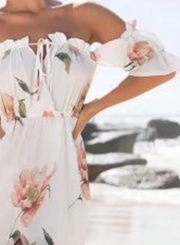 Off Shoulder Floral Printed Short Sleeve Irregular Dress