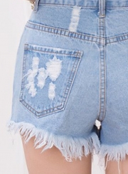 High Waist Distressed Cutoff Washed Denim Shorts