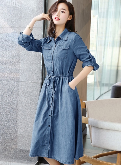 Long Sleeve Elastic Waist Denim Dress With Blet YOUYOUFASHIONEC.com