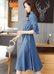 Long Sleeve Elastic Waist Denim Dress With Blet