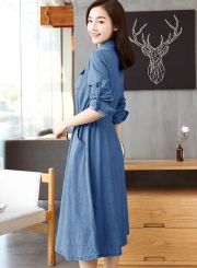 Long Sleeve Elastic Waist Denim Dress With Blet