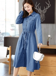 Long Sleeve Elastic Waist Denim Dress With Blet