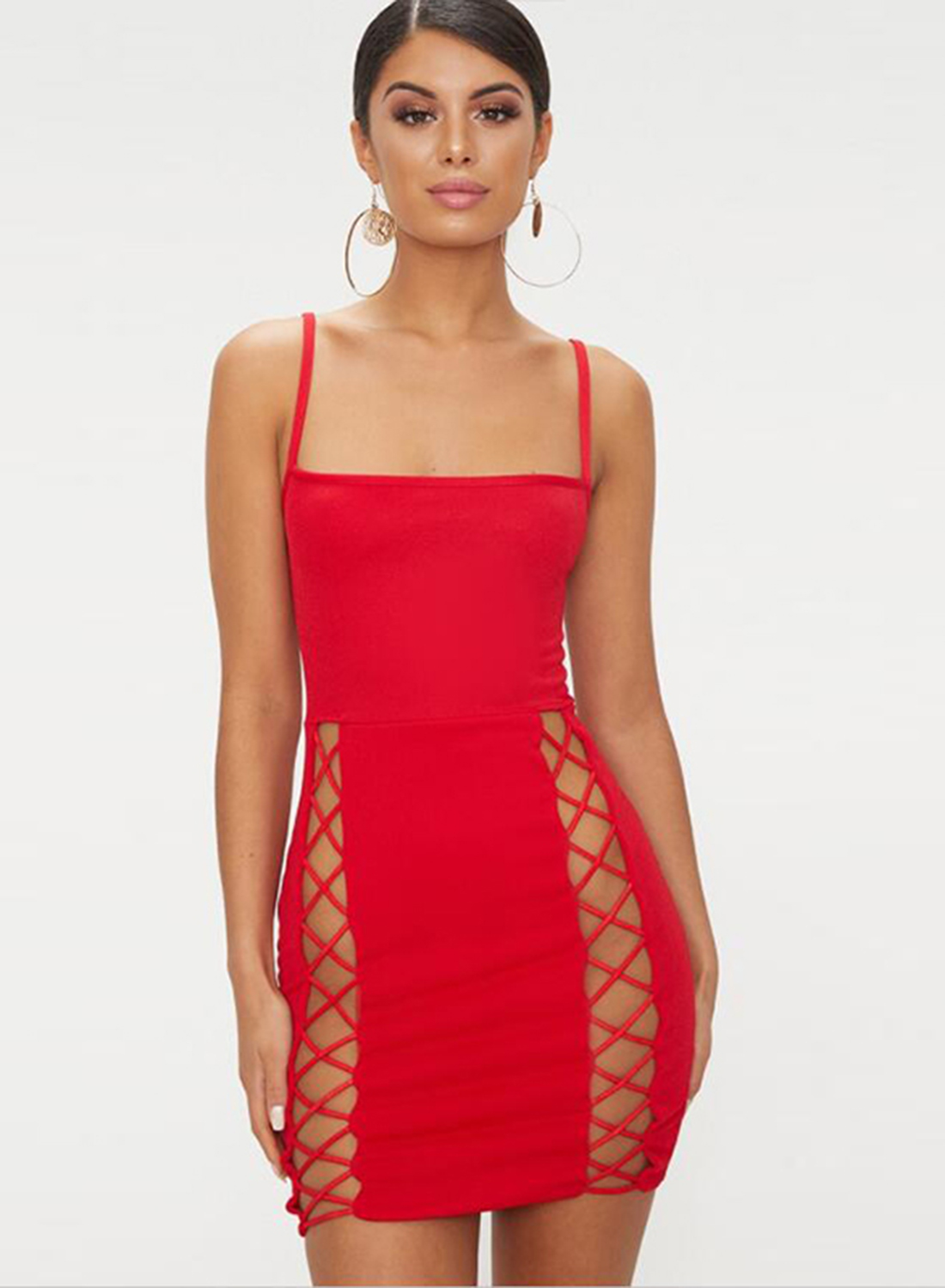 Red Sexy Spaghetti Strap Off The Shoulder Lace-up Bodycon dress