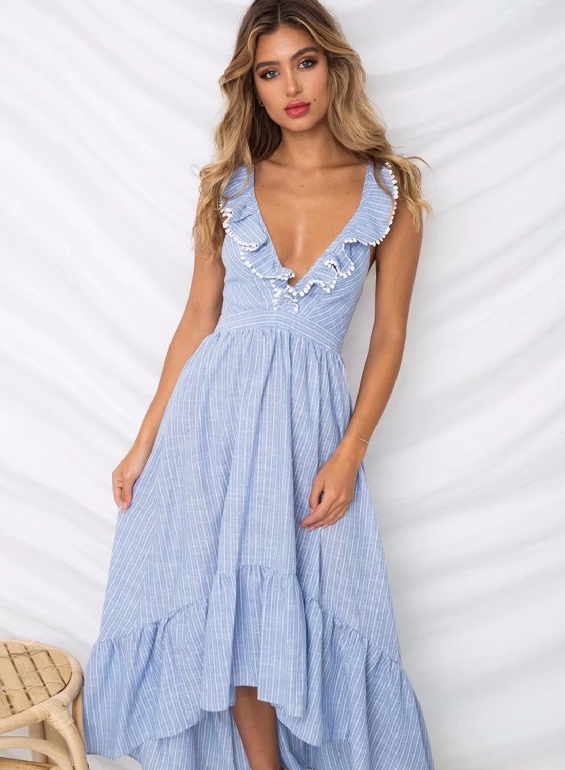 Sexy Sleeveless Off The Shoulder Asymmetric V Neck Midi Dress