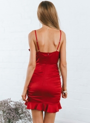 Flounce Spaghetti Strap Backless Asymmetric V Neck Mini Dress