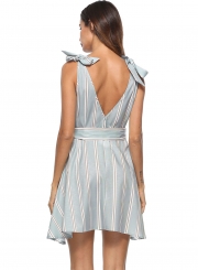 Fashion Sexy Sleeveless Striped Backless V Neck Mini Dress