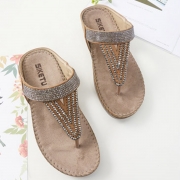 Khaki Bohemia Summer Beach Thong Flat Sandals With Crystal