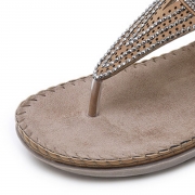 Khaki Bohemia Summer Beach Thong Flat Sandals With Crystal