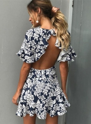 Floral Printed Flounce Sleeve Backless Holiday dress