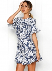 Floral Printed Flounce Sleeve Backless Holiday dress