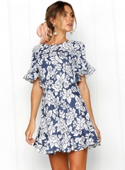 Floral Printed Flounce Sleeve Backless Holiday dress