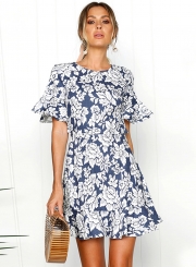 Floral Printed Flounce Sleeve Backless Holiday dress