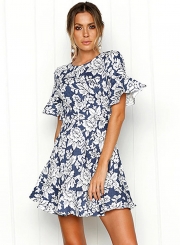 Floral Printed Flounce Sleeve Backless Holiday dress