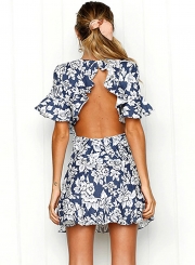 Floral Printed Flounce Sleeve Backless Holiday dress