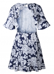 Floral Printed Flounce Sleeve Backless Holiday dress