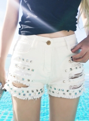 Fashion Washed and Brushed Rivet Hole Denim High Waist Shorts