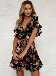 Fashion Black Short Sleeve Floral Printing Deep V Neck Dress