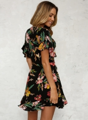 Fashion Black Short Sleeve Floral Printing Deep V Neck Dress