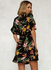 Fashion Black Short Sleeve Floral Printing Deep V Neck Dress