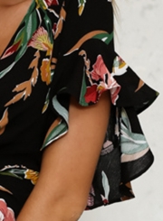 Fashion Black Short Sleeve Floral Printing Deep V Neck Dress