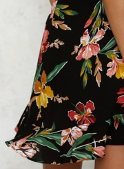 Fashion Black Short Sleeve Floral Printing Deep V Neck Dress