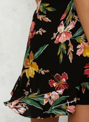 Fashion Black Short Sleeve Floral Printing Deep V Neck Dress