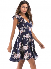 Fashion Summer Flounce Sleeve Floral Printing Lace Up V Neck Dress