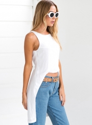 Sexy Pure Color Asymmetry Sleeveless Backless Round Neck Blouse