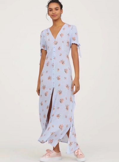 V Neck Floral Printed  Slit Dress for Women