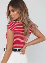 Fashion Single Breasted Striped Navel Exposed Short Tee Shirt