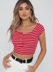 Fashion Single Breasted Striped Navel Exposed Short Tee Shirt