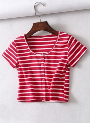 Fashion Single Breasted Striped Navel Exposed Short Tee Shirt