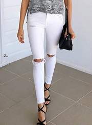 Fashion Slim High Waist Skinny Knee Hole Denim Pencil Pants