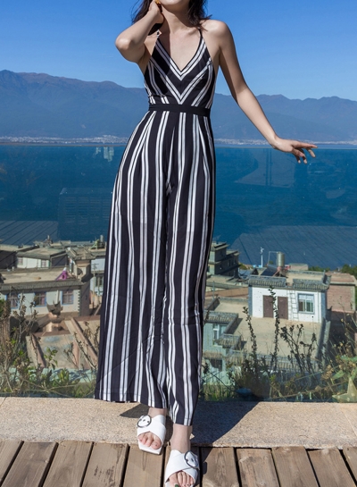 Fashion Sexy Slim Sleeveless Striped Backless Lace-up Jumpsuits