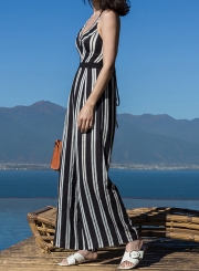 Fashion Sexy Slim Sleeveless Striped Backless Lace-up Jumpsuits