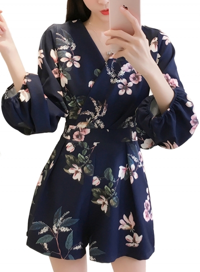 Fashion Floral Printed Shir High Waist V Neck Wide Leg Jumpsuits YOUYOUFASHIONEC.com