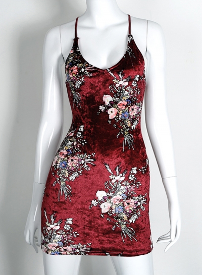 fashion Floral Printed Spaghetti Strap Lace-up Backless Cocktail Dress stylesimo.com