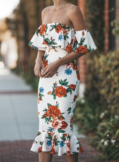 Fashion Floral Printed Short Sleeve Off The Shoulder Women Bodycon Dress LEXELFASHIONINTSHOPS.com