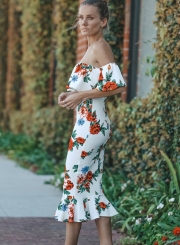 Fashion Floral Printed Short Sleeve Off The Shoulder Women Bodycon Dress