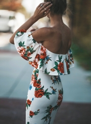 Fashion Floral Printed Short Sleeve Off The Shoulder Women Bodycon Dress