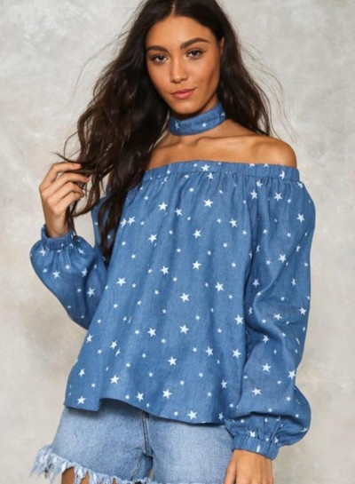 Fashion Loose Halter Long Sleeve Off The Shoulder Women Denim Blouse