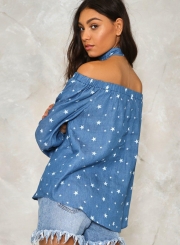 Fashion Loose Halter Long Sleeve Off The Shoulder Women Denim Blouse