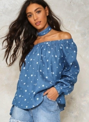 Fashion Loose Halter Long Sleeve Off The Shoulder Women Denim Blouse