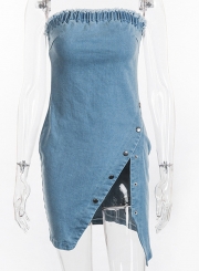 Fashion Off The Shoulder Tassel Denim Bodycon Dress With Rivet