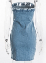 Fashion Off The Shoulder Tassel Denim Bodycon Dress With Rivet