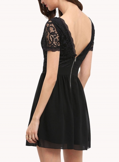 Fashion Solid Short Sleeve Lace Spicing V Neck Women Dress With Zip STYLESIMO.com