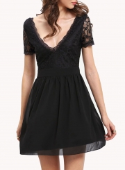 Fashion Solid Short Sleeve Lace Spicing V Neck Women Dress With Zip