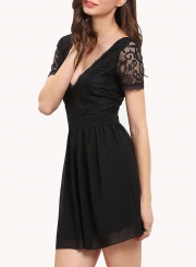 Fashion Solid Short Sleeve Lace Spicing V Neck Women Dress With Zip
