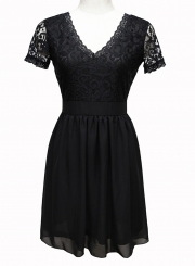 Fashion Solid Short Sleeve Lace Spicing V Neck Women Dress With Zip