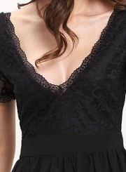 Fashion Solid Short Sleeve Lace Spicing V Neck Women Dress With Zip